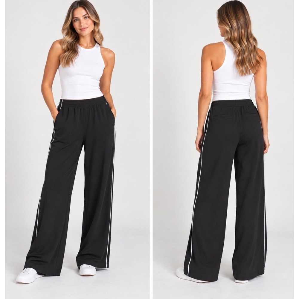 Varley Brushed Rib Wide Leg Pant Black Large L Pull On Drawstring Pockets SOFT
